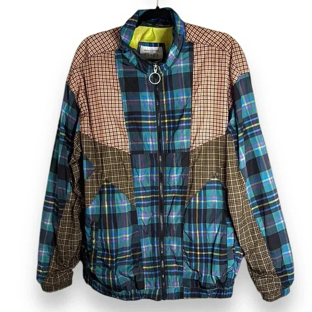 UO Mixed Plaid Blocked Track Jacket Size Large